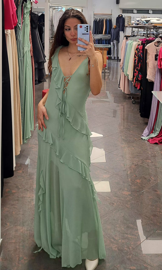 RELISH Abito lungo smanicato doppio scollo a V con Rouches