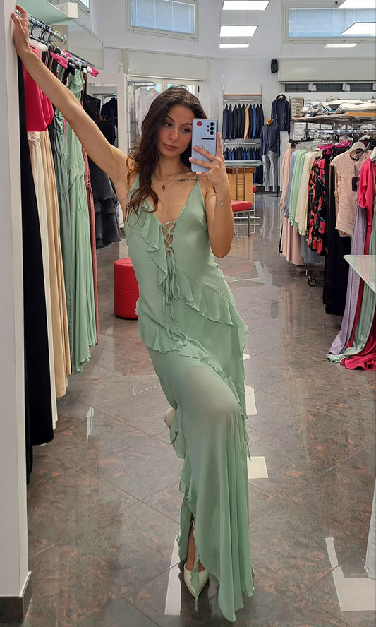 RELISH Abito lungo smanicato doppio scollo a V con Rouches